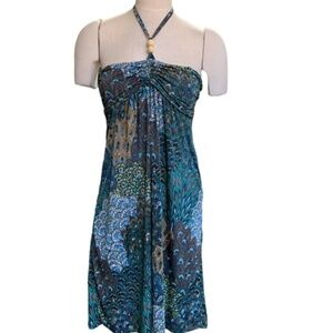 Hypnotik Halter Dress Beaded Strap Sz L Exotic Peacock Floral Print #252G